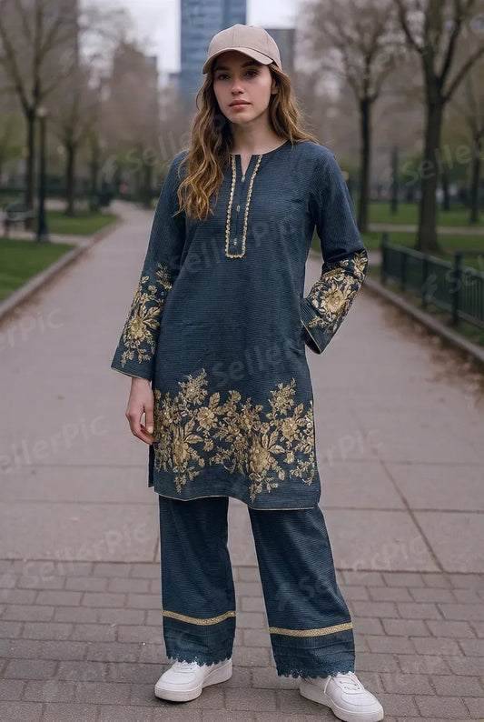 New Woman Pakistani/Indian Shalwar Kameez Navy with Golden Embroidery Large-XL