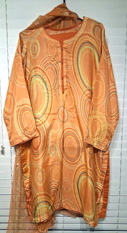 New Pakistani Silk Orange Shalwar kameez stitched 3 Piece Bonanza Strangi Brand