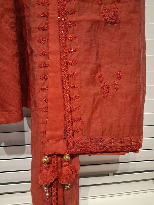 New Pakistani Shalwar Kameez Stitched Embroided Red 3 Piece Large Size Winter