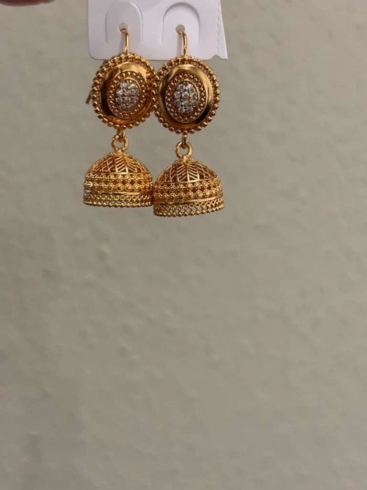 New Golden Women Indian Desi Style Jhumkas Earrings with Silver Stones Classic