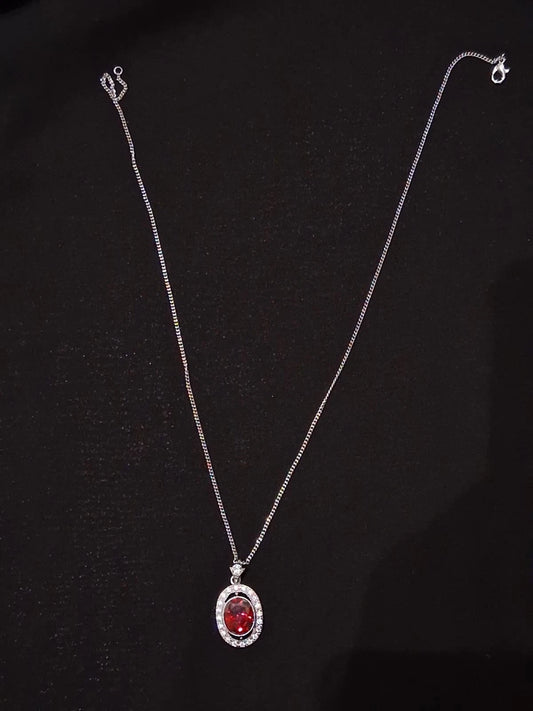 Women Red Stone Necklace Silver Chain