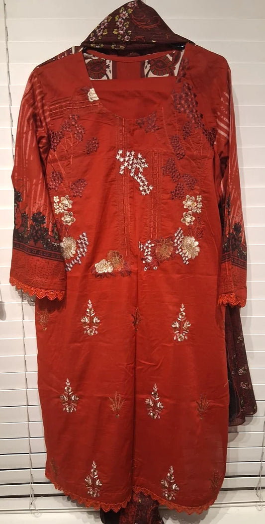 New Pakistani/Indian Embroided Red Shalwar kameez Stitch3 Piece Salitex Brand