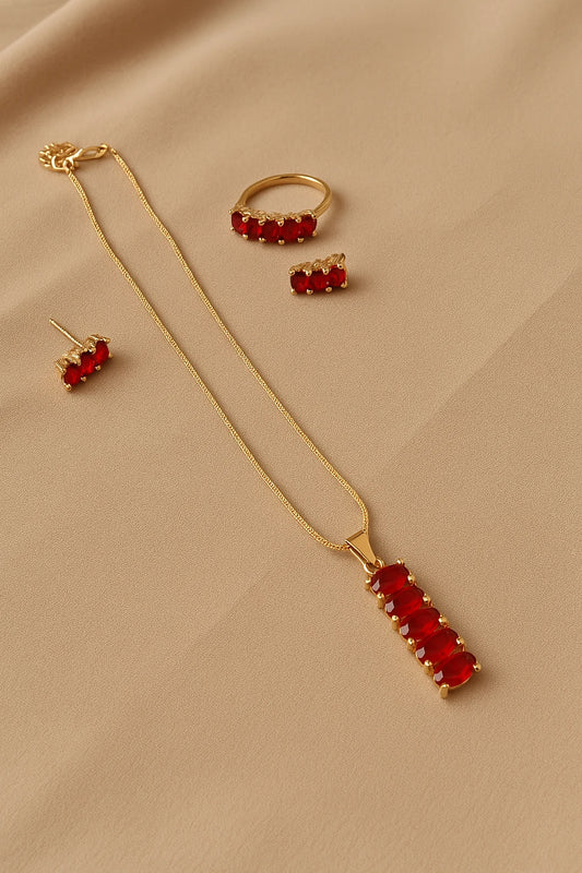 Womens Elegant Necklace Earrings Set Red Drop Pendant Jewelry Gold Plated