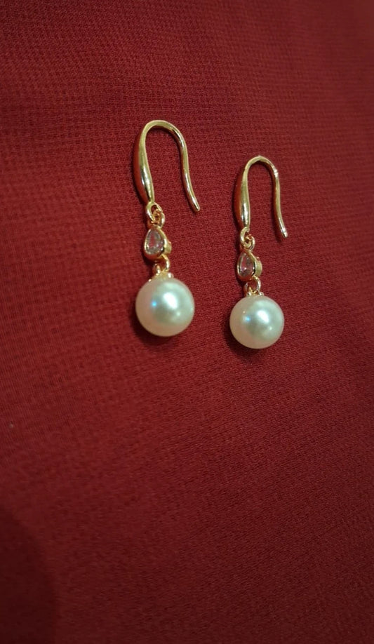 New Women Golden Plated Pearl Earrings w White Stones Stylish and Elegant