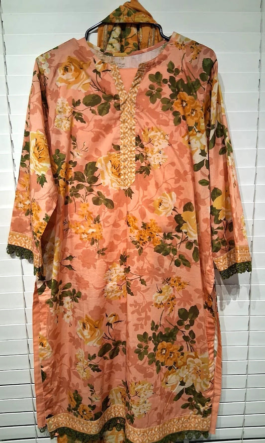 New Pakistani/Indian Shalwar Kameez Peach Orange Sapphire Brand Size L Printed