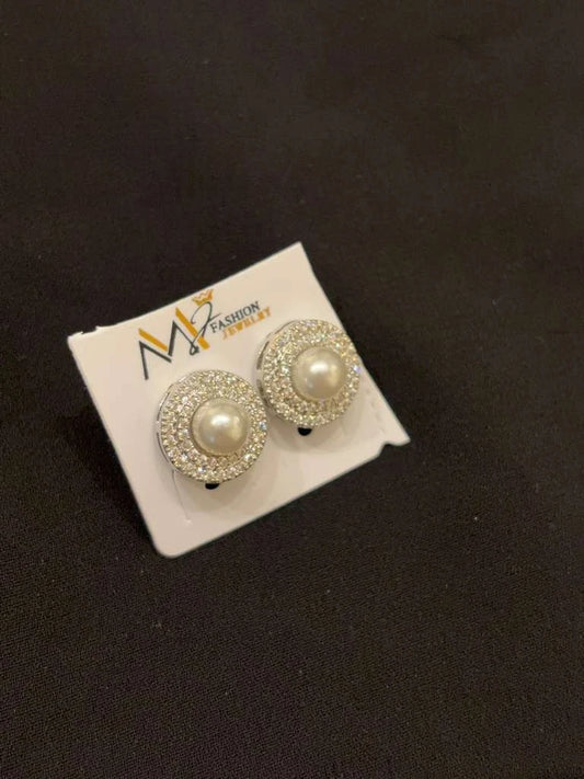 New Women Silver Pearl with White Stones Earrings Studs